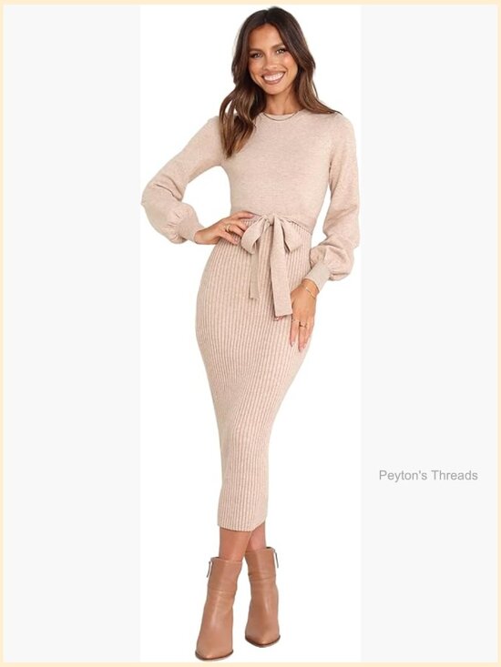 Dresses & Skirts - Bodycon Midi Dress with High Neck and Long Sleeves